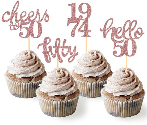 24 Pcs Glitter 50th Birthday Cupcake Toppers for Celebrating Fifty Years Old Birthday Party Decorations (Rose Gold2)