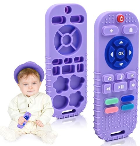 Zahnen Beißringe Spielzeug für Babys 0-6-12 Monate Geschenke, Fernbedienung Baby Zahnungshilfe für 3 6 9 Monate Kleinkind Autismus, Lebensmittelqualität Silikon Badespielzeug, Lila