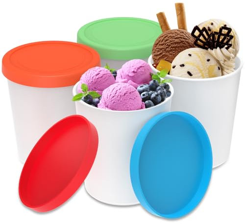Fyeme 4Pcs Ice Cream Container with Silicone Lids 1L Reusable Ice Cream Tubs Ice Cream Pints Containers Ice Cream Cups Ice Cream Containers Compatible with Ice Cream Maker (4pcs)