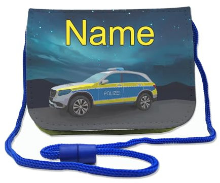Kinder Brustbeutel mit Name und Schriftartwahl | Klettverschluss mit Schnur zum Umhängen und Klarsichtfach | Geldbeutel personalisiert | 3 Farben (Polizei)