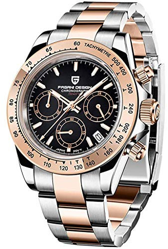 Pagani Design Klassische Quarzuhr für Herren, Japanisches Uhrwerk VK63, Keramik-Lünette, Edelstahl, wasserdicht, Business Sport, Chronograph Datum (Schwarz-gold-pd1644)