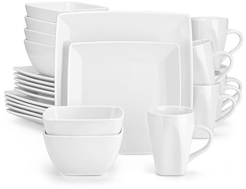 vancasso Serie SOHO Juego de Vajillas de 24 Piezas, Vajillas Completas de Cuadrado Modernas de Gres para 6 Personas con Platos Llanos, Platos Postre, Cuencos de Cereales y Tazas de Café, Blanco