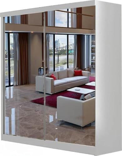 ZIUSA Wardrobe-Sliding Double Door Mirrored Wardrobe with Glass Doors (White, 150 CM)