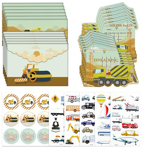 Ghope 12 Einladungskarten Kindergeburtstag Mädchen Junge Baufahrzeug Einladung zum Geburtstag mit Umschlägen und Aufklebern, 4 Fahrzeug Tattoo Set Geburtstagseinladungen Geburtstagsfeier Kinderparty
