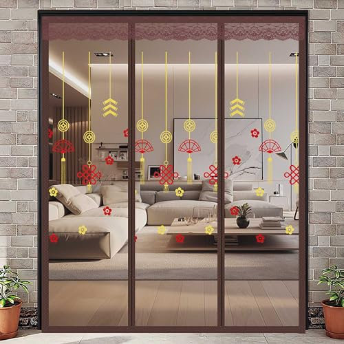250x250cm(W x H),XQKXHZ Zanzariera Magnetica Balcone Marrone con Ricamo Cinese Tenda Calamita Zanzariera Magnetica Doppia Apertura Laterale Zanzariera Magnetica per Porta Finestra,Facile da Installar