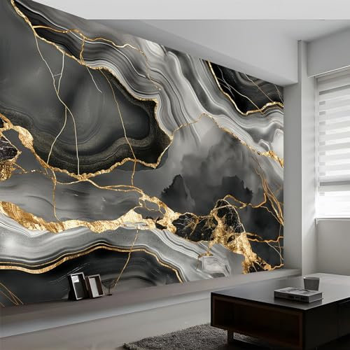 Black Photo Wall Mural 250 x 175 cm (WxH), Abstract Agate Gold Stripes Decor for Living Room, Bedroom, Office and Kids Room, Easy to Install