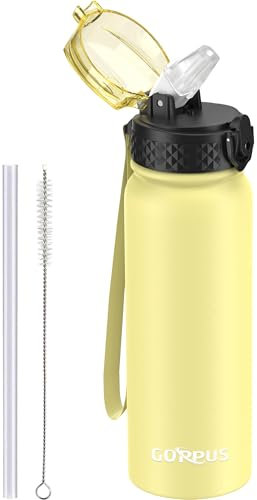 GOPPUS 600ml/20oz Stainless Water Bottle with Straw Double Wall Insulated Bottles with Strap Reusable Vacuum Thermal Flask Leakproof Keep Cold Drinks Bottles with Flip Top Lid for Men Women BPA Free