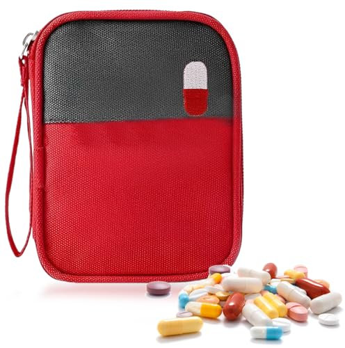 JEYORZY Borsa per medicinali in viaggio, borsa per farmacia, rosso, tessuto Oxford, chiusura lampo, manico standard