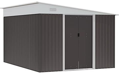 Outsunny Cobertizo de Jardín 280x345x201 cm 8,9 m² Caseta de Jardín Metálico con 2 Ventanas y Puerta Corredizas para Almacenamiento de Herramientas Gris
