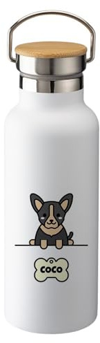 Botella Térmica Personalizada Mascota Perro Gato Personalizada Nombre Botellas de Agua Acero Inoxidable Tampón Ancho Bambú Doble Capa 500 ml Bebidas Frias y Calientes