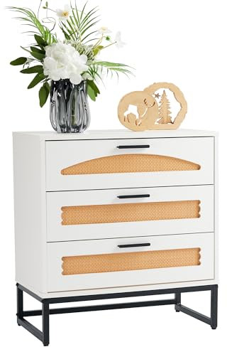 Mericonia Natürliche Rattan-Kommode mit 3 Schubladen, Schlafzimmer Aufbewahrungs-Organisationskommode mit stabilen Griffen und Füßen für Schlafzimmer, Wohnzimmer, Flur und Eingangsbereich, Weiß