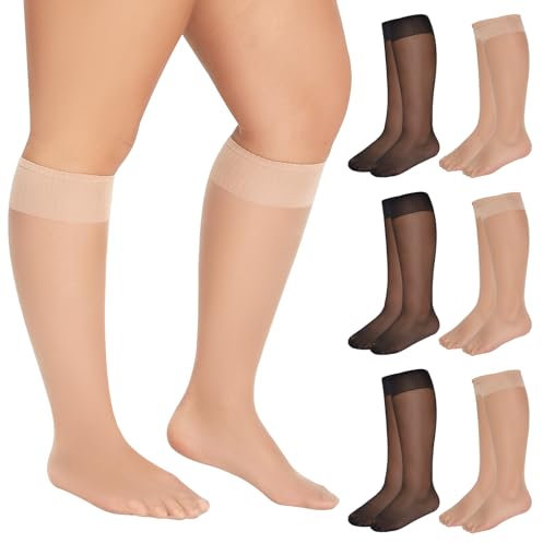 MANZI 6 Paare Kniestrümpfe für Damen Große Größen Transparent Nylonstrümpfe 15 Denier Feinkniestrümpfe Knee High Pop Socks 3 Paar Schwarz 3 Paar Natural Nude XL-2XL