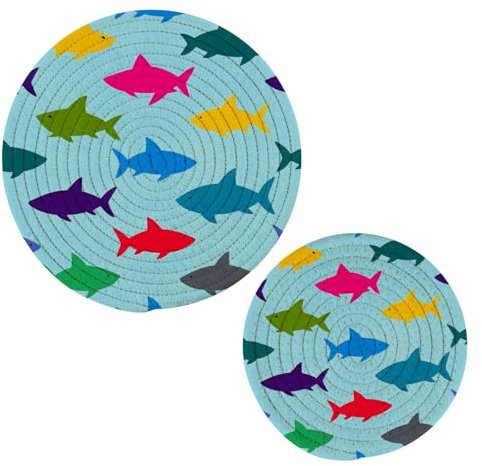 Topfuntersetzer, rund, Baumwolle, hitzebeständig, Fische, Blau, 2 Stück