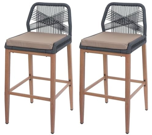 Mendler Lot de 2 tabourets de Bar Rope HWC-O21 Anthracite, Coussin Taupe