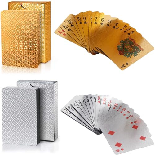 Carte da Gioco Impermeabili in Plastica, 2 Mazzi, Oro e Argento Carte Poker Plastificate, Carte da Poker Professionali, Premium Waterproof Playing Cards