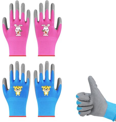 GXGM 2 Pares de Guantes de Jardinería para Niños, para 3-5 Años, Guantes de Jardín Recubiertos de Goma, Respirable, Multicolor(Rosa y Azul)