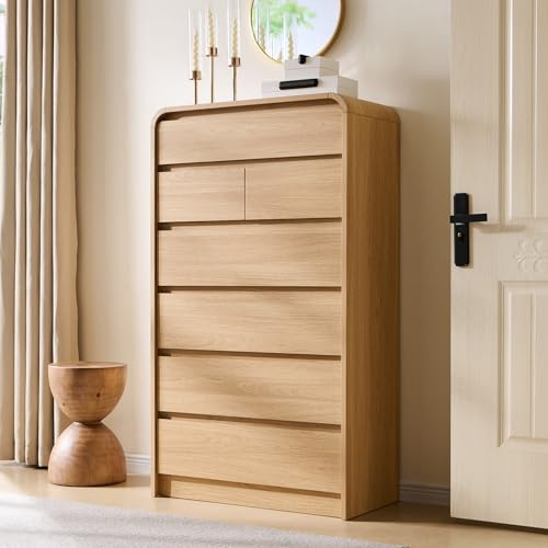 Aitjunz Modern 7 Drawers Dresser for Bedroom, 55 Tall Dressers & Chest of Drawers w/Curved Profile Design, Wood Mid Century Vertical Storage Dressers Organizer for Bedroom, Living Room, Natural Oak