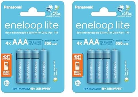eneloop lite, AAA/Micro NI-MH Akku, 4er-Pack, Kapazität mit min. 550 mAh, Ready-to-Use NI-MH Akkus, bis zu 3000 Mal wiederaufladbar, plastikfreier Verpackung, lite, blau (Packung mit 2)