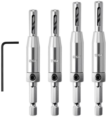 4Pcs Self Centering Hinge Drill Bit Set, Self-centering Self-tapping Drill Bits with Hex Key for Hinges Cabinet Door Window Shelf Pin Woodworking Puncher Hole Tool 11/64, 9/64, 7/64, 5/64