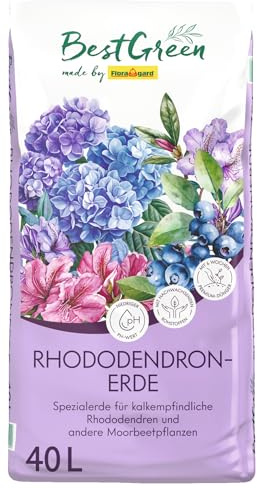 BestGreen Rododendro 40 L – Terriccio di torbiere con pH acido, struttura allentata e buon drenaggio – ideale per rododendri, azalee, camelie, mirtilli e altre piante di torbiere