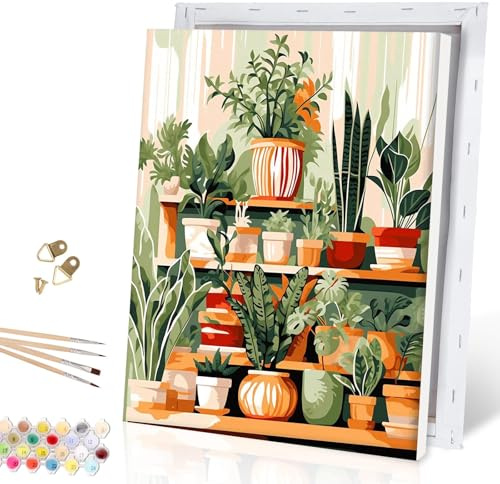 Galmcook Malen nach Zahlen Erwachsene mit Rahmen - Topfpflanzen Malen Nach Zahlen Set mit 4 Pinseln und Acrylfarbe - DIY Handgemalt Ölgemälde Kit für Anfänger und Erwachsene 30x40cm