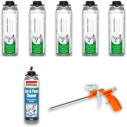 Montageschaum Pistolenschaum 1K Schaum 500ml Kombiset inkl. Pistole + Reiniger/Multischaum Fensterschaum hohe Schalldämmung Wärmedämmung (500-1k-set-5)