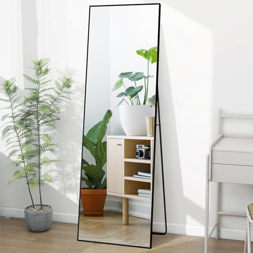 Lazyspace Ganzkörperspiegel, 164 x 54 cm, Schwarz HD Standspiegel mit Rahmen aus Aluminiumlegierung, Hartglas Wandspiegel, Boden großer Spiegel für Schlafzimmer, Garderobe, Wohnzimmer, Ankleidezimmer