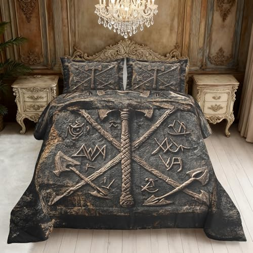 4 Jahreszeiten Bettdecke 200x220 Wikinger Axt Muster 3tlg, ohne Bezug, Nordische Mythologie Steppdecke, 2 Kissenbezüge 80x80, Schlafzimmer Deko Schlafdecke, Weich Warm BZ-L1129