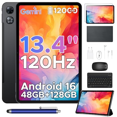 Luzglo P13 Tablet 13 Pollici Android 16 e Gemini AI, 2.4K/120Hz, 48GB RAM+128GB ROM/2TB TF, 12000mAh/18W, T7280 Octa-Core, 13MP, Face ID/WiFi5/GPS/OTG, Tablet con Tastiera e Penna, Nero