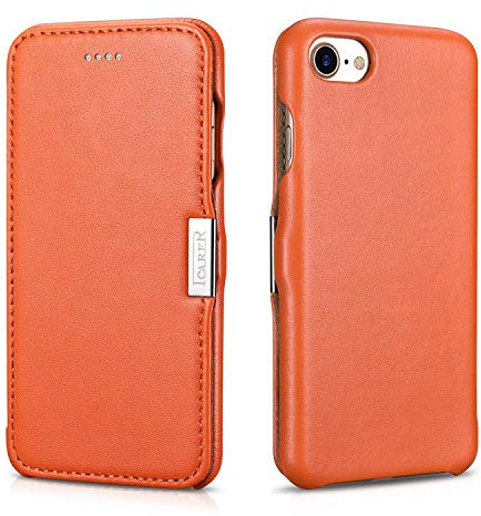 ICARER Tasche passend für Apple iPhone SE 2022 5G, iPhone SE 2020, iPhone 8, iPhone 7, 4.7 Zoll, Case mit Echt-Leder, Schutz-Hülle aufklappbar, Ultra-Slim Cover, Etui, Orange