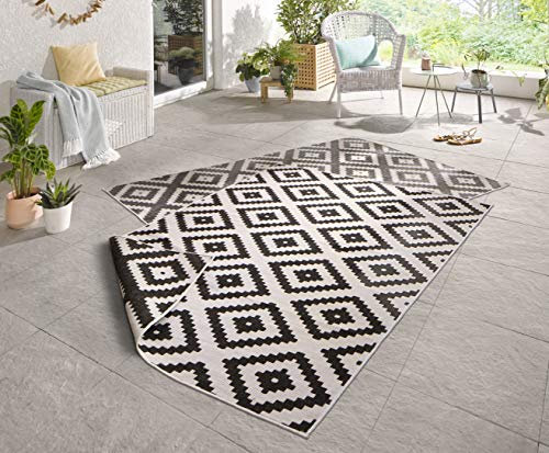 NORTHRUGS In- und Outdoor Teppich Malta 120x170cm - Wendeteppich Wetterfest Modernes Geometrisches Muster für Balkon Terrasse Garten Wintergarten Küche Wohnzimmerteppich Wasserfest in Schwarz Creme