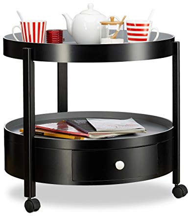 Relaxdays, schwarz-grau Beistelltisch rund, Schubfach und 2 Ablagen, mobiler Couch-oder Nachttisch, HxØ: 56,5 x 62 cm, Standard