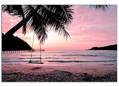 Startonight Impression Sur Verre Acrylique Tableau - Plage Pourpre avec Palmiers - Moderne Image pour la Décoration de la Maison 60 x 90 cm