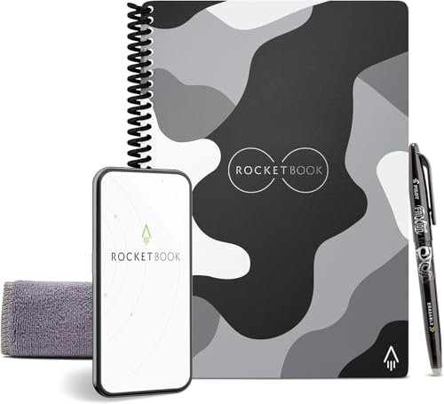 Rocketbook Wiederverwendbares Digitales Notizbuch - Executive A5 Camo - Elektronischer Notizblock mit Linierten Seiten - Wiederbeschreibbar mit Pilot Frixion Stift, Mikrofasertuch