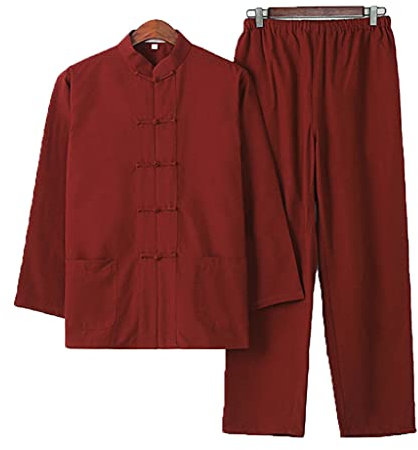 Chinois Traditionnel Manches Longues Tang Costume Kung Fu Uniforme Chemise pour Hommes Kung Fu Veste Pantalon, Coton Pur Tai Chi Uniforme, Hanfu Kung Fu Wing Chun Ch Red-XXL
