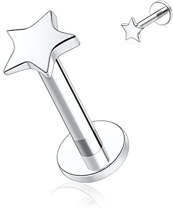 16G Flat Back Ohrringe Labret Ohrstecker G23 Titan Innengewinde Lippe Tragus Piercing Labret Schmuck 6mm Monroe Medusa Helix Lippenpiercing Silber Lobe Knorpel Conch Ohrring Schmuck -Sternform
