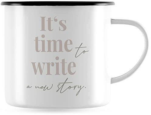 JUNIWORDS Emaille-Tasse, It's time to Write a New Story, Schwarzer Tassenrand
