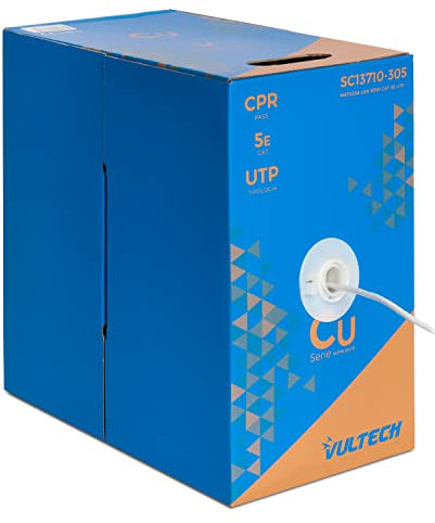 VulTech SC13710-305 Matassa Lan Cat. 5E UTP 305 metri 24AWG CU CPR PASS Guaina PVC Bobina di rete Ethernet CAT. 5E UTP PURO RAME ideale per impianti di rete ad alta velocità 10/100/1000 Mbps