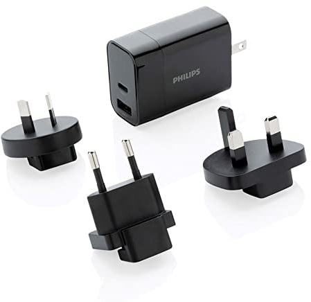 Philips Reisestecker - DLP2621T/0-4 Stecker - UK, EU, AU und USA - USB-A und USB-C - Schwarz