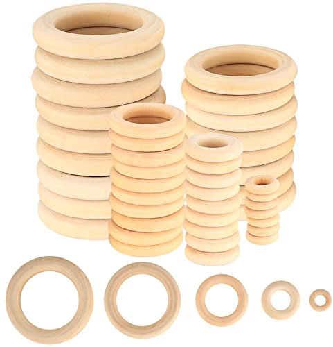 WELHAEPI 90 Stück Holzringe zum Basteln, Holz Ringe Natur, für DIY Handwerk Ring Anhänger Anschlussstück Schmuck Machen Spielzeug Serviettenringe, Holzkranz, Bastelring - 15mm, 25mm, 35mm, 45mm, 55mm