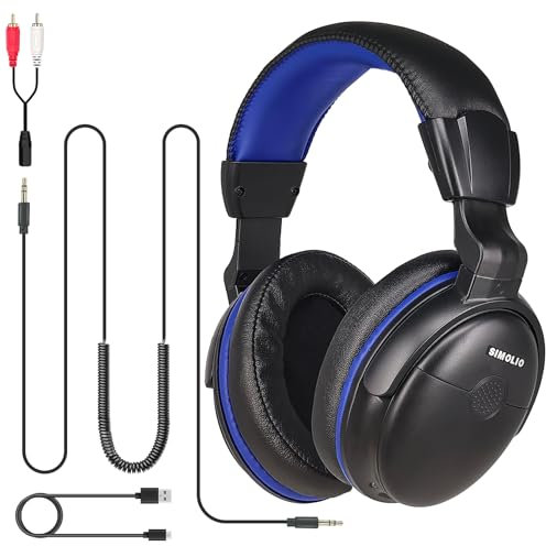SIMOLIO Long Cable Headphones for TV with Volume Amplified & Clear Dialogue, 18ft/5.5M Long Coil Cord, Over Ear Wired TV Headphones for Seniors w/Volume Control & Clip, 40 Hrs Playtime