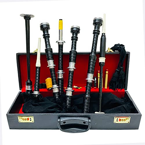 Schwarzer Samt-Dudelsack, Schottenkaro, mit Hartschalenetui, Dudelsack, Schilfrohr, Schwarz
