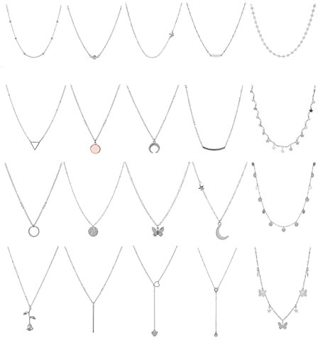 20 Stück Ketten Set Kette Silber Gold Damen Geschichteten Choker Halskette Damen Boho Schmetterling Sternzeichen Mond Mehrschichtige Kette Halskette Set für Frauen Mädchen (Silber)
