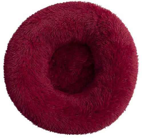 HUAXIQUE Donut Hundebett Hundebett Wolke Hundebett Rund Hundekissen Plüsch Donut Waschbar Haustierbett Flauschiges Hundebett 70cm Weinrot