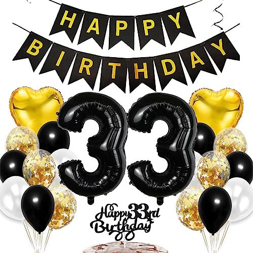 Feelairy Geburtstagsdeko 33 Jahre Frauen, Luftballon 33. Geburtstag Deko Männer, Schwarz Gold Tortendeko Happy 33th Birthday Deko 33 Jahre Frau, Ballon 33. Geburtstag Mann Party Dekoration Set