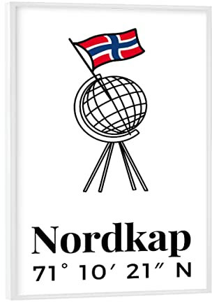 artboxONE Poster mit weißem Rahmen 18x13 cm Typografie Nordkap Norwegen Globus Flagge - Bild nordkap Fjord Flagge