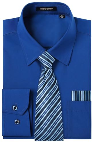 HISDERN Men's Royal Blue Shirts Long Sleeve Smart Formal Plain Dress Shirt and Tie Set Business Casual Wedding Regular Fit S