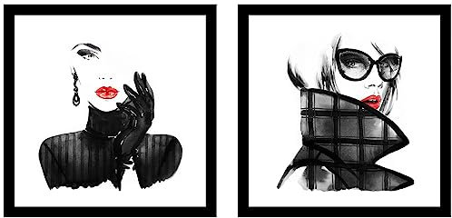 levandeo 2er Set Wandbild 20x20cm Glas Schwarz Weiß Kunstdruck Frau Rote Lippen Wanddeko Glasbild Deko Wandobjekt