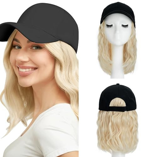 SEGO Wig Cap mit Haaren Extension mit Baseballmütze BOB Perücke Haarverlängerungen Gewellt Haarteil wie Echthaar Damen 20 cm Blond