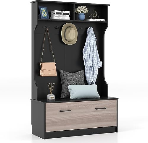COSTWAY Porte Manteaux 4 en 1, Meuble d'Entrée avec Banc à Chaussures à Porte, 5 Crochets, 4 Compartiments, Vestiaire pour Salon, Entrée, Couloir, 100 x 40 x 160 cm (Noir)